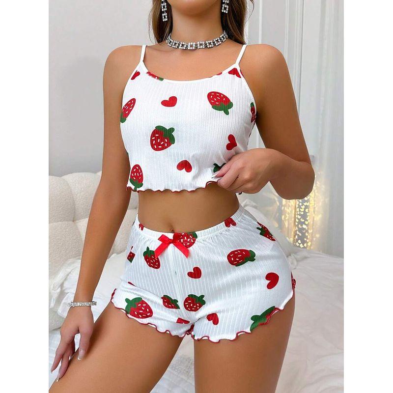 2025 New Sexy Pajamas Female Strawberry Heart Printing Fashion Sling Best Selling Sweet Cute Loungewear
