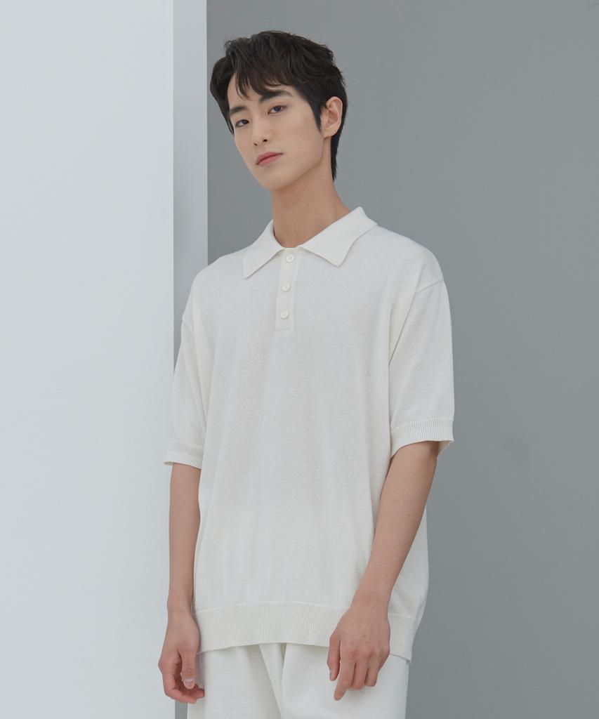 TESTAMENT Button Collar Short Sleeve Knit (Ivory)