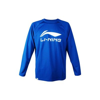 Li Ning Badminton Serie Buchstaben Großes Logo Gedruckt Sport Rundhals Langarm T-Shirt Herren Oberteile Kristallblau ATLR071-4