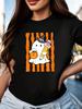 Halloween‑Vibe Women Short‑Sleeve T‑Shirt Crew Neck Ghost Pencil Pattern Print Black Summer Daily Wear Tops
