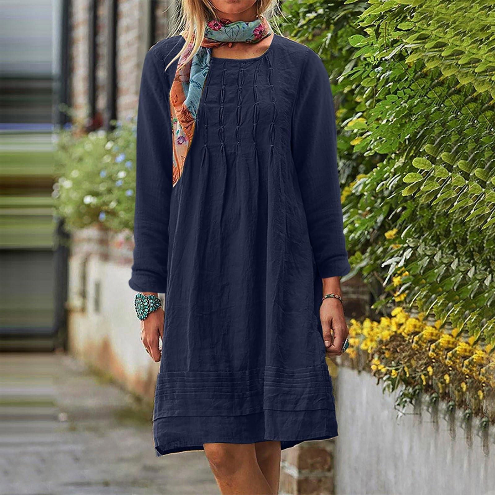 

Women s Round-neck Solid-color Loose Casual Cotton And Linen Dress XL Темно-синій