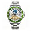 Mens Self-Winding Mechanical Watch Skeleton Moon Phase Luminous Dial Rotating Bezel Steel Strap Wristwatch Waterproof