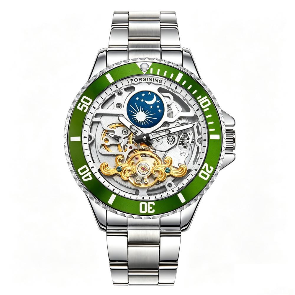 Mens Self-Winding Mechanical Watch Skeleton Moon Phase Luminous Dial Rotating Bezel Steel Strap Wristwatch Waterproof