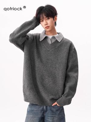 Vintage Style V-Neck Faux Two-Piece Men's Winter Sweater - Trendy Loose Knit Polo