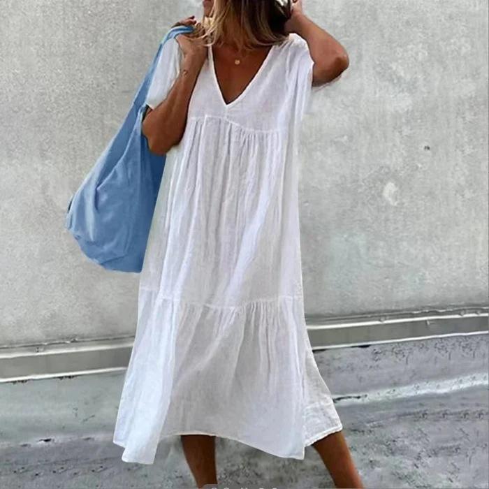 2026 European and American women s clothing summer new solid color v-neck pleated loose casual dress European and American S