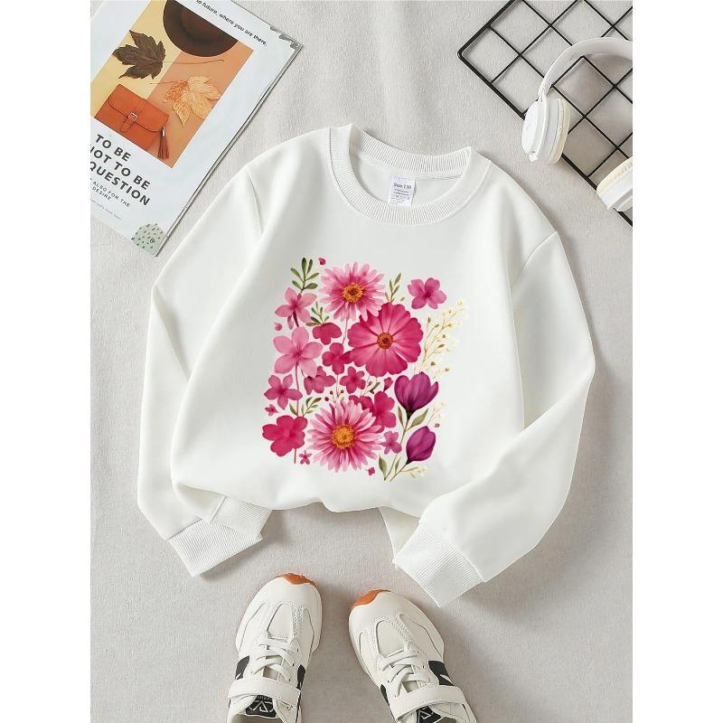 European sizes Girls' Crewneck Sweatshirt - Pink Flowers & Green Leaves Pattern, Soft Comfy Sportswear for Children & Teens