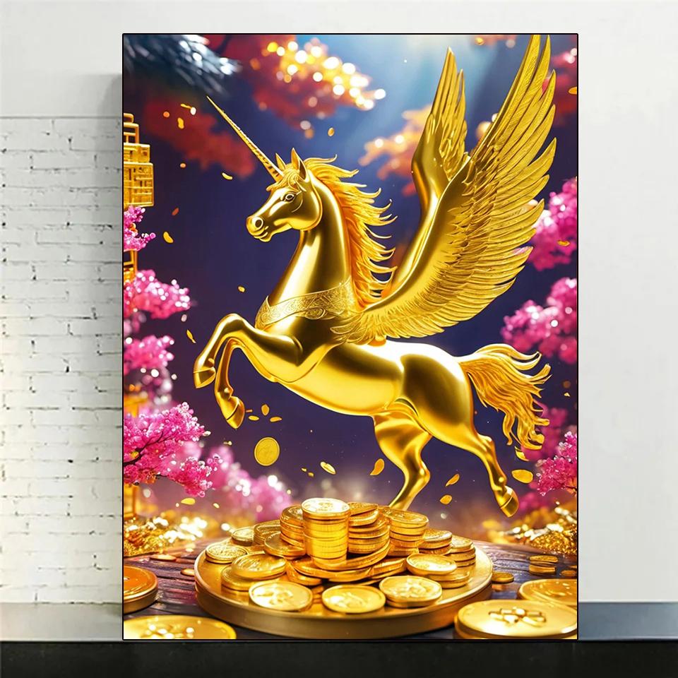 5D DIY Diamond Painting Gold White Swings Unicorn Cross Stitch Kit Full Diamond Embroidery Mosaic Art Picture Rhinestone 2024