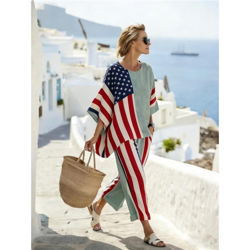 1116 European and American Bohemian Style Printing Suit Women's Loose Casual Shirt Wide-leg Pants Two-piece Set New