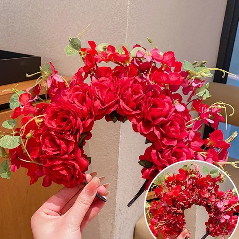 Colorful Flower Headband Double-sided Crown Hair Wreath Wedding Party Costume Headpiece for Bridal Women Hair Accessory