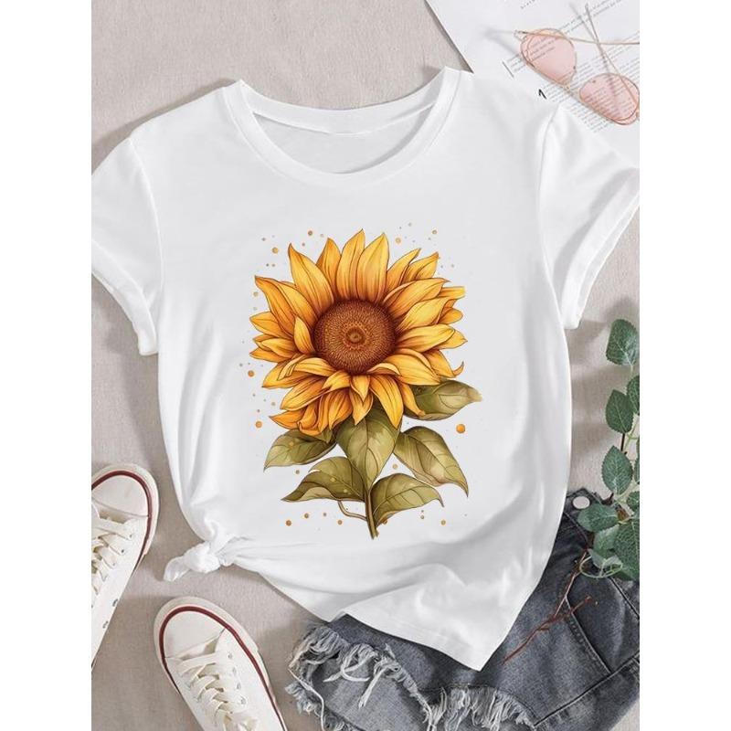 (European Size)  Lovely Women Short Sleeve Fashion Tee Trend Watercolor Style Top Clothing Print Lady Casual T-shirt Female Graphic T-shirts