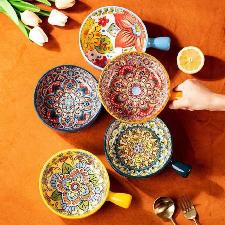 Multipurpose Bohemians Handled Bowl Salad Bowl Ceramic Texture Oven Microwave Safe Dishwasher Cleanable Healthy Cooking