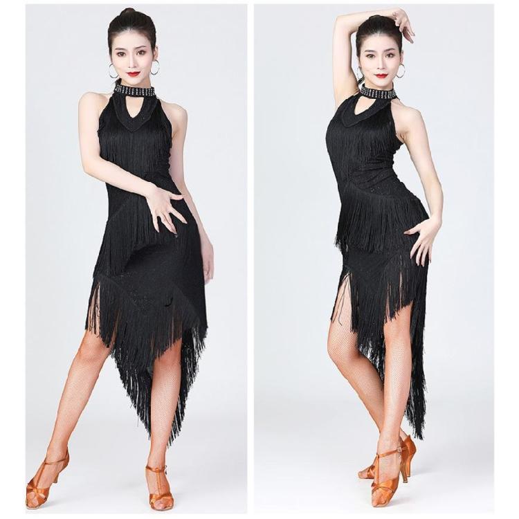 Glittering Latin Dance Dress Asymmetrical Sequins Fringe Performances Costume Breathable Polyester Stage Outfit