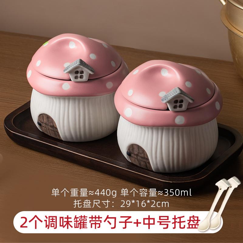Ceramic Red Mushroom Seasoning Jar Set Kitchen Ceramic Salt Sugar Jar Soy Sauce Vinegar Bottle Home Ceramic Spice Box with Spoon