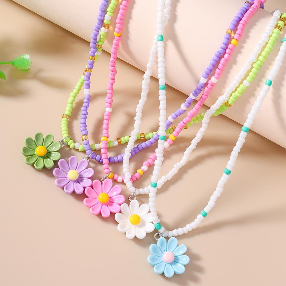 5pcs/set Bohemia Handmade Beaded Necklaces for Women Girls Colorful Flower Pendants Necklace Kid's Jewelry Gifts