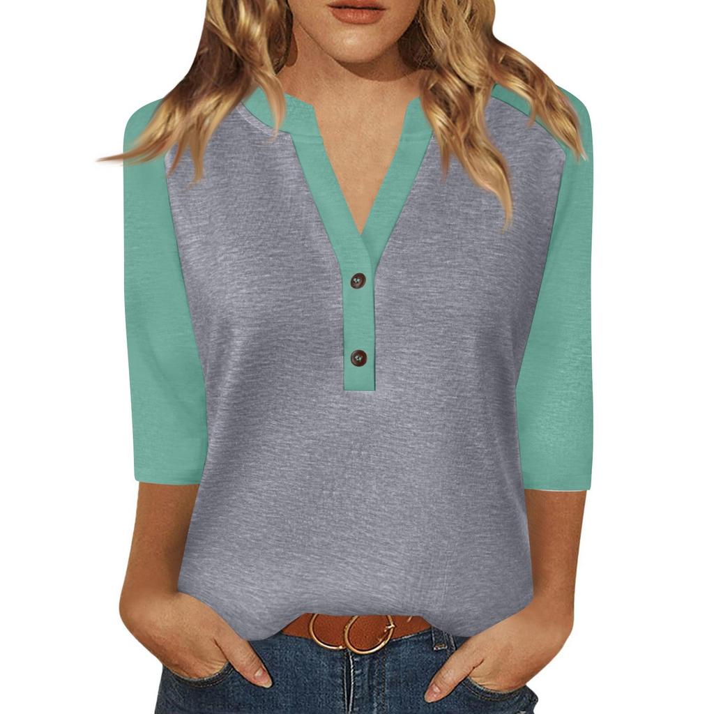 Women's T Shirt Print Button 3/4 Sleeve Daily Weekend Fashion Basic V- Neck Regular Top