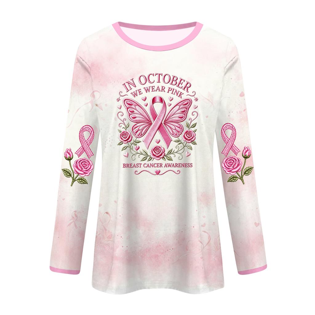 Women's Fashion Casual Long Sleeve Neck Top with Breast Ribbon Print for Support