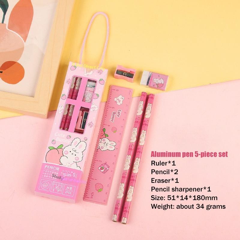 5 In 1 Pencil Set Portable Stationery Prize Cute Cartoon Stationery Gift Box Set School Supplies Writing Tool Stationery Set
