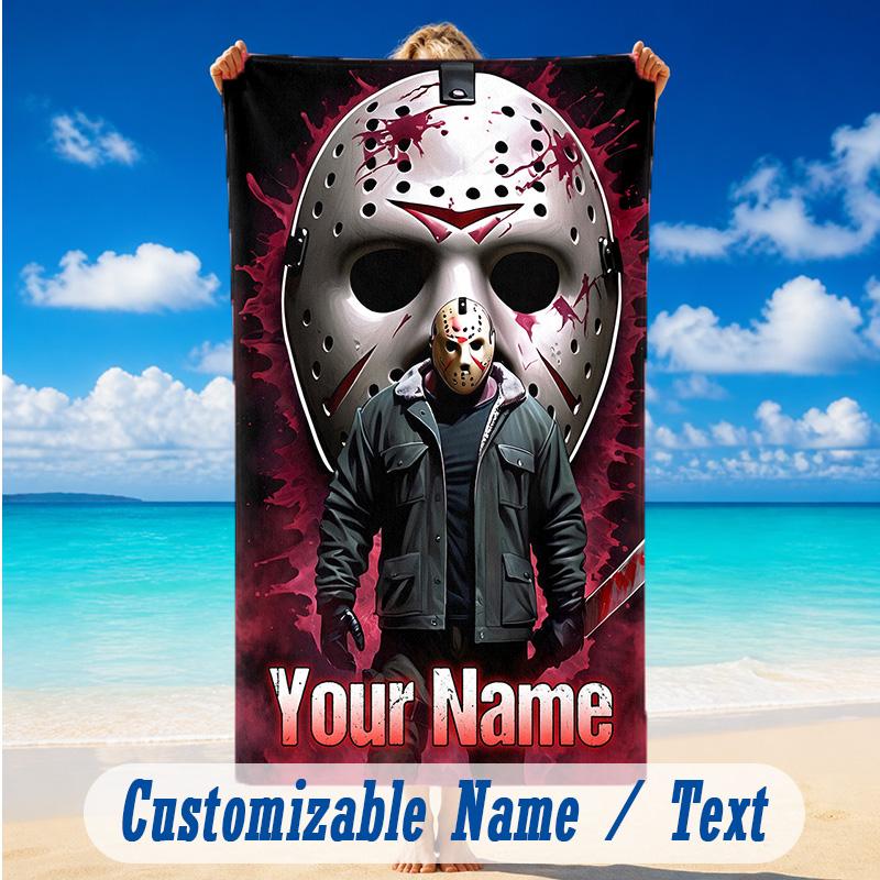 Beach Towel Custom Name Text, Quick Dry Large Towel For Beach HomeFriday the 13th Jason Voorhees