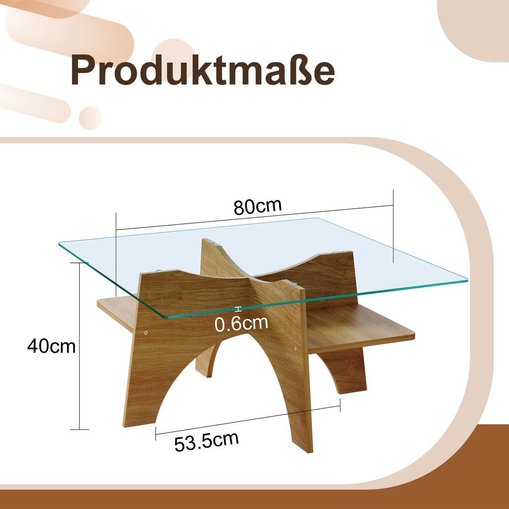 Modern Square Side Table Made of Safety Glass - 80 cm Side Length. Table Legs Made of MDF with Light Wood Veneer. Ideal for Dining Room, Living Room.