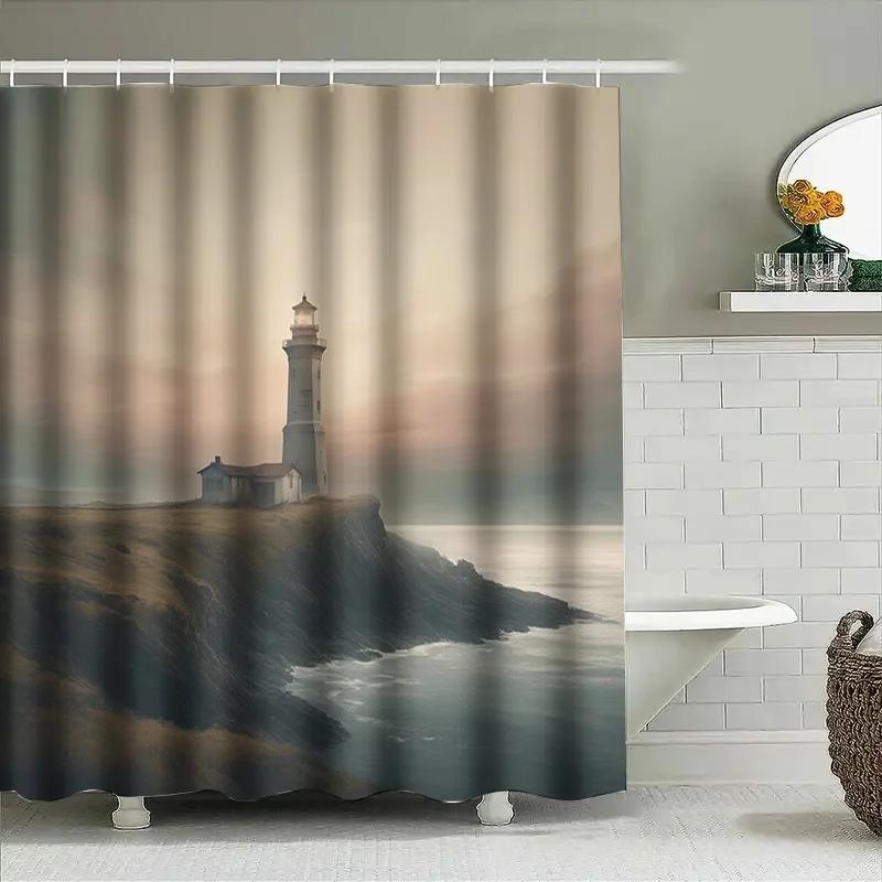 Modern Style Lighthouse Print Shower Curtain Perfect For Your Bathroom Decor 3D Printed Waterproof Bath Rug Sets Taps Coverings,