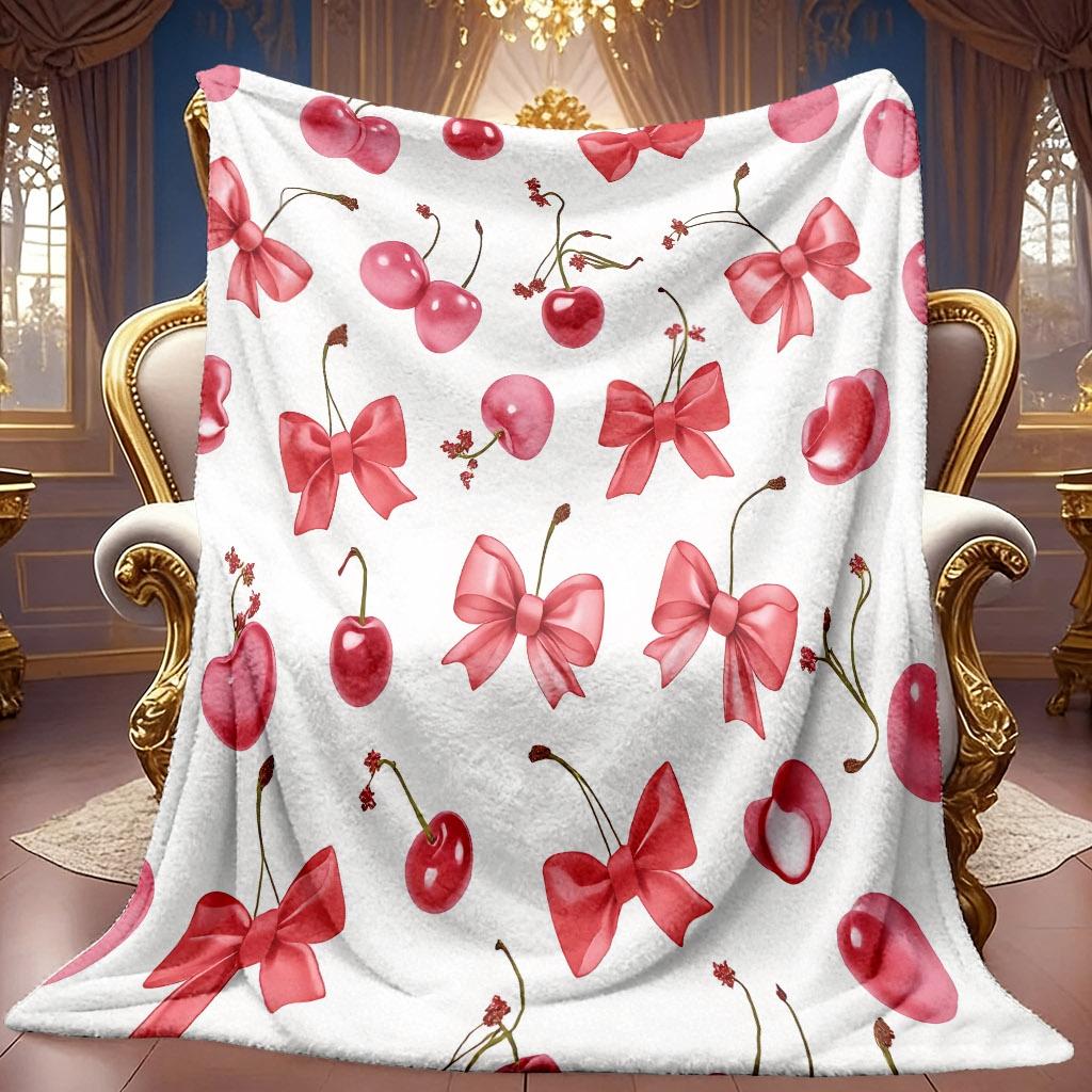 A 2D Cherry Bow-themed Patterned Flannel Blanket with Soft High-definition Digital Printing, a Cooling Blanket Suitable for All Seasons. Soft and Brea