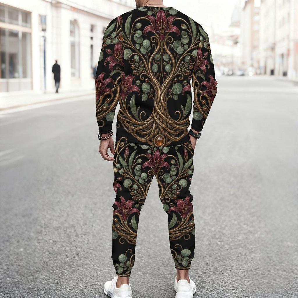 Men Plus Size Black Blue Green Printed Round Neck Long Sleeve Top Cuffed Pants Two Piece Set