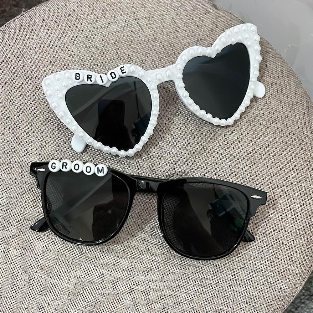 2Pcs Bride Groom Sunglasses Pearl Heart Sunglasses Groomsman Bridesmaid Gift Bride To Be Bachelorette Engagement Bridal Shower