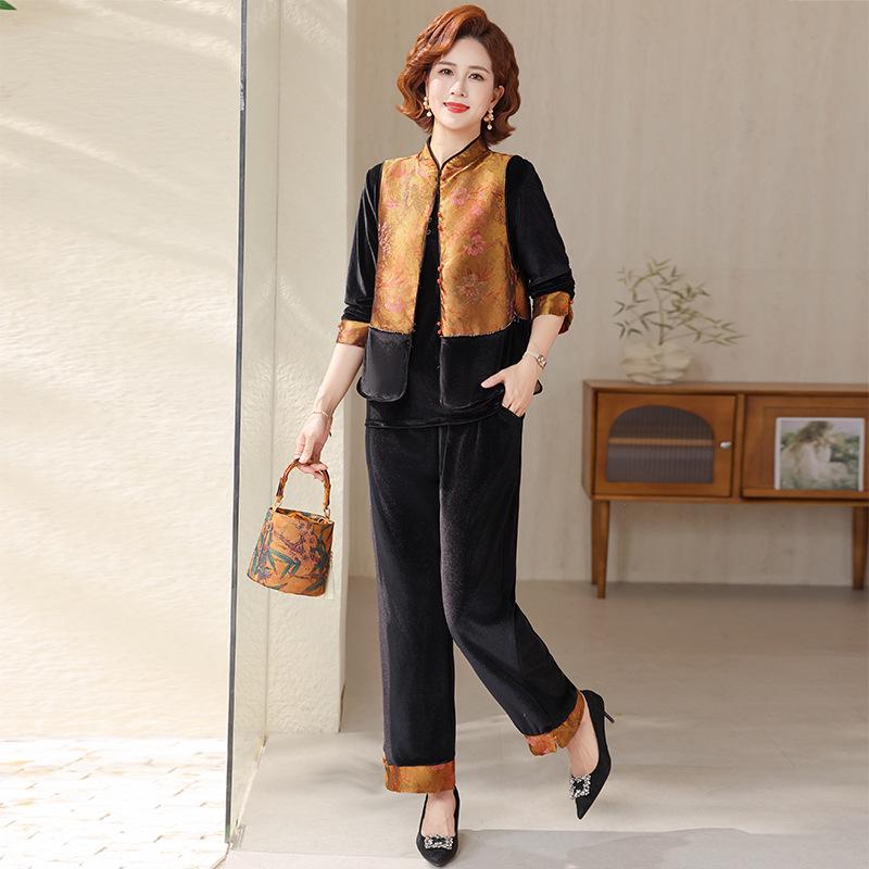 

Mom s Spring/Autumn Gold Velvet Chinese Style Vest Jacket Three-Piece Suit for Middle-Aged and Elderly Women 4XL [135-150 lbs]