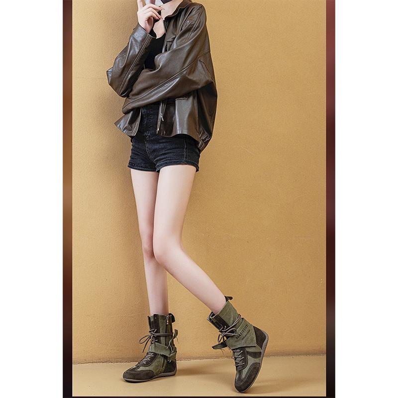 Spring Autumn Shoes Women High Boots Non-slip Fashion Brand Western Style Ladies Genuine Leather Shoes Height Increasing 5cm