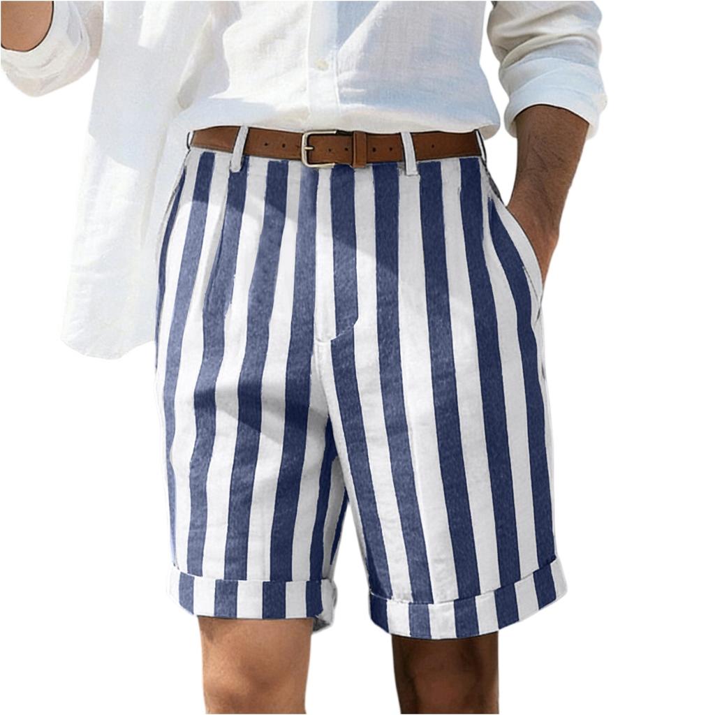 Pantaloncini Casual da Uomo a Righe Verticali Vestibilità Rilassata Leggeri Traspiranti Cotone Orlo Risvoltato Pantaloncini Estivi