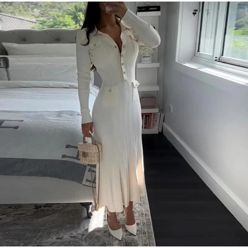 Knitted Elegant Party Dresses Woman Slim Lapel Button Pockets Long Dresses Office Lady Full Sleeve Ribbed Robes 2024 Autumn New
