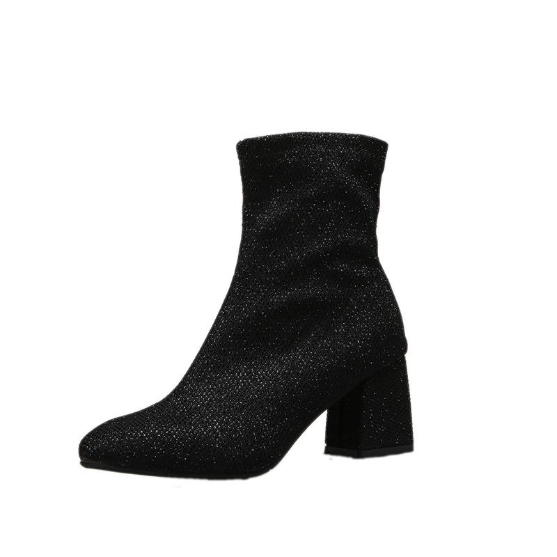 

Новые ботинки, женские короткие плюшевые зимние теплые туфли, модные черные ботильоны из блестящей эластичной ткани, пикантные ботильоны без шнуровки на высоком каблуке 34