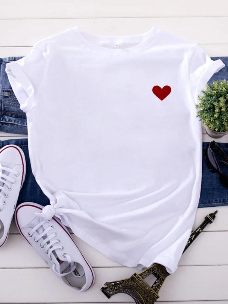 on Chest Little Red Heart Print T Shirt Women Short Sleeve O Neck Loose Tshirt Summer Women Tee Shirt Tops Camisetas Mujer
