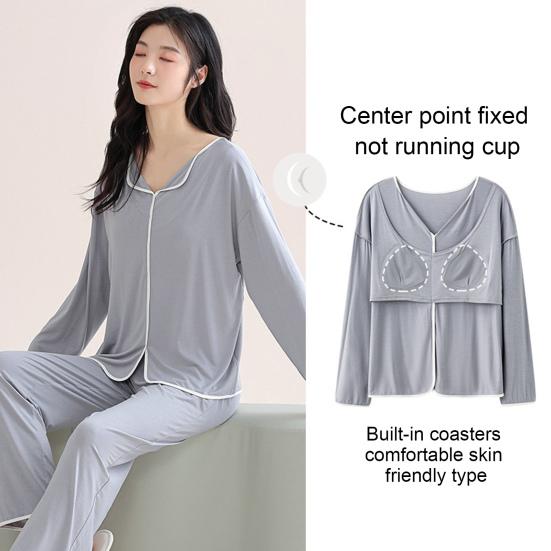 2 Pezzi/Set Pigiama da Donna con Imbottiture al Petto Maniche Lunghe Largo Tinta Unita
