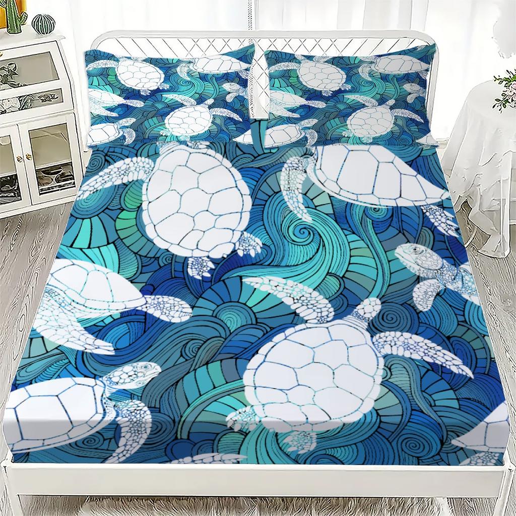 Underwater Ocean Theme Bed Sheet Set Blue White Coral Turtle Seashell Print 100% Cotton Fitted Sheet Breathable for Kids Room