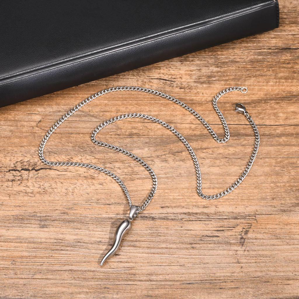 Men's Black Stainless Steel Italian Horn Pendant Necklace - Quanxi Water PN1503