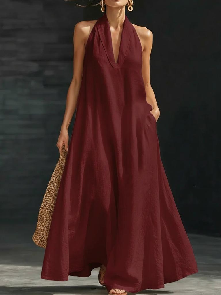 European and American new summer women's casual solid color V-neck dress skirt