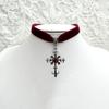 Contemporary Crucifix and Red Gemstones Pendant Necklace Velvets Chain Neckchain Adjustable Choker for Music Festival