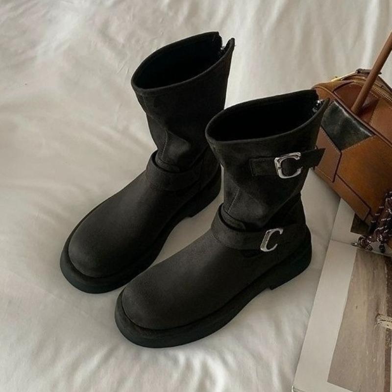 Fashion Autumn Winter Suede Ladies Mid Calf Shoes Round Toe Platform Women's Half High Boots Y2k Chic and Elegant Hot New In Goth Boot