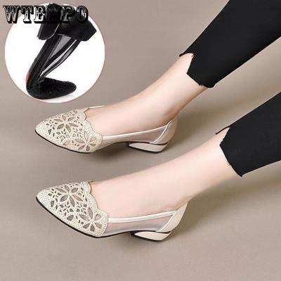 Hollow Out Sparkling Diamond Pointed Shoes for Women Spring and Summer Shoes with Thick Heels and Soft Soles Single Shoes