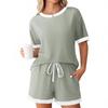 Women's Ribbed Short Sleeve Top and Shorts Set, Casual Loungewear with Contrast Trim, Multiple Color Options