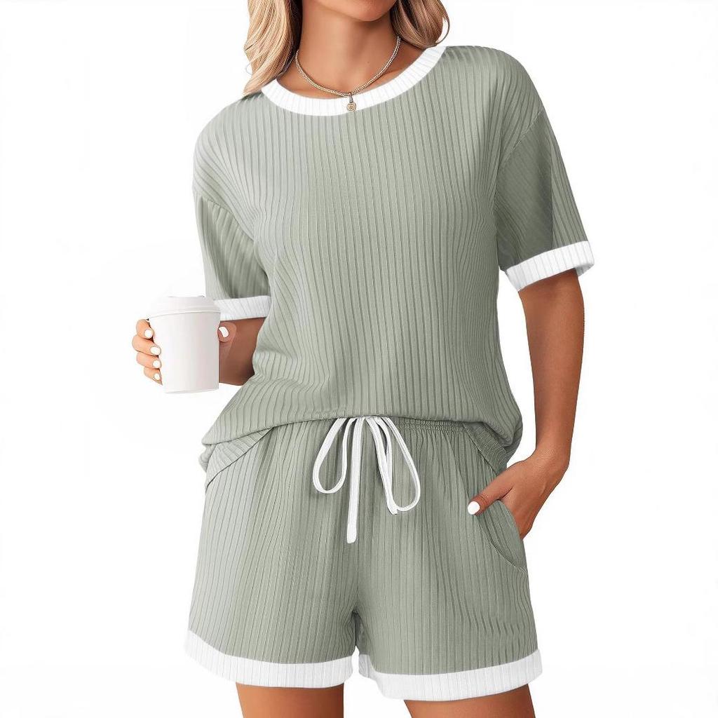 Women's Ribbed Short Sleeve Top and Shorts Set, Casual Loungewear with Contrast Trim, Multiple Color Options