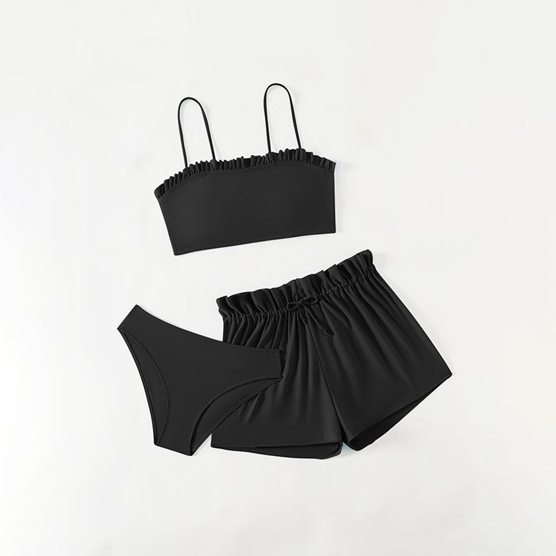 

Комплект купальника с оборками 2025: Европейский и американский стиль однотонное бикини для девочек 130 чёрный