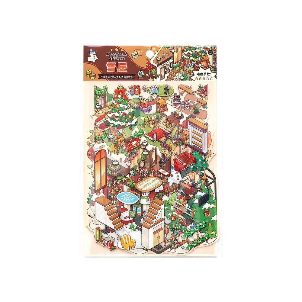 Série Casa de Natal Desenho Animado 3D Miniatura Cena Adesivos DIY Feito à Mão Camadas Empilhadas Adesivo de Cena de Cabana DIY