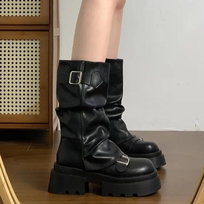 

Женские сапоги на платформе до середины голени, модные туфли на среднем каблуке с пряжкой, тренд 2025 года, кожаные туфли-лодочки на толстом каблуке в готическом стиле, зимние мотоциклетные ботинки Mujer 40 чёрный