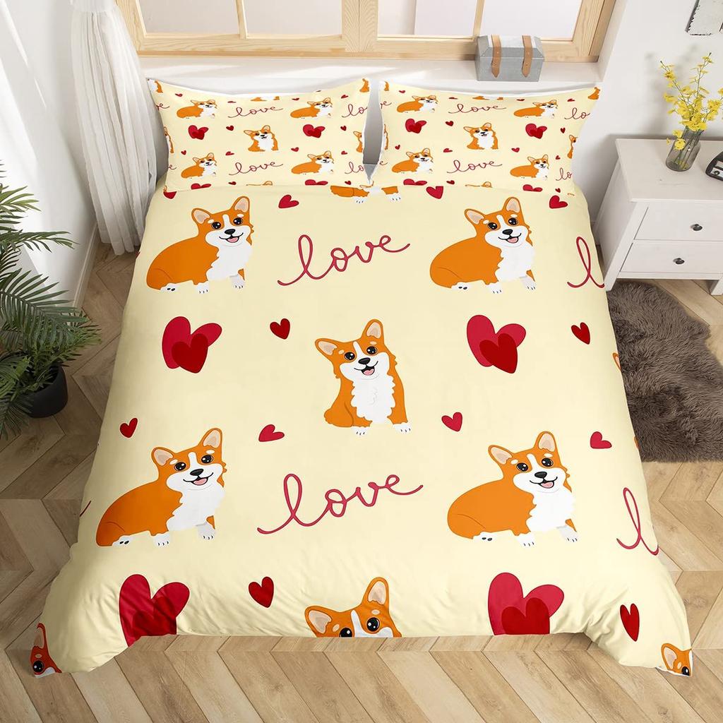 Kids Cartoon Dogs Duvet Cover Set King Size Corgi Pug Pattern Comforter Cover For Boys Girls Adult Bedroom Decor,Cute Puppy Pet
