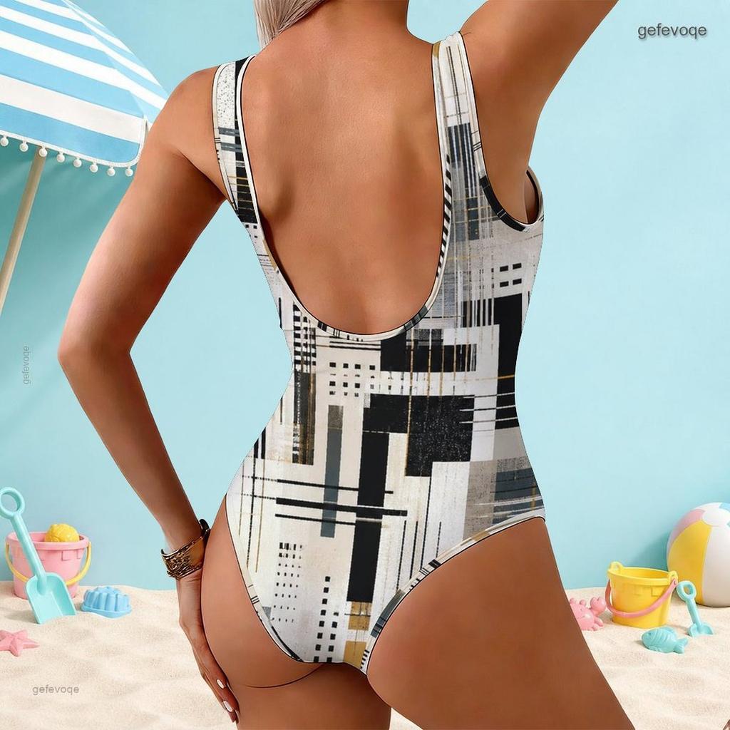 Women Plus Size Striped Printed One Piece Swimsuit Scoop Neck Wide Straps High Cut