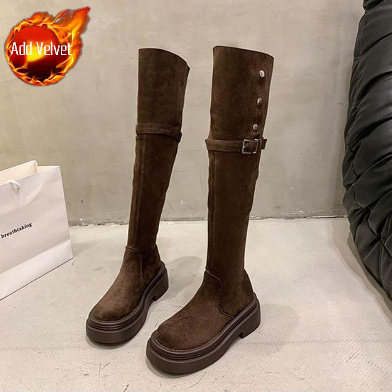 Women's Flip-Fold Thick Sole Over-The-Knee Chelsea Boots Autumn/Winter New Chunky Heel Slimming Design Comfort Shoes