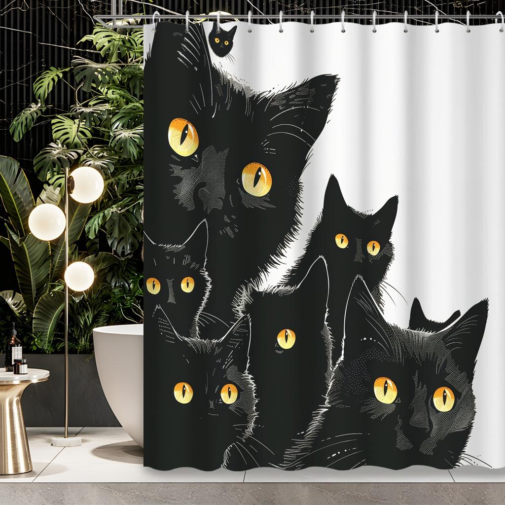 1Pc Halloween Home Decor Abstract Art Cartoon Animal Black Cat Shower Curtain, 12 Hooks Shower Curtain, Bathroom Decoratio