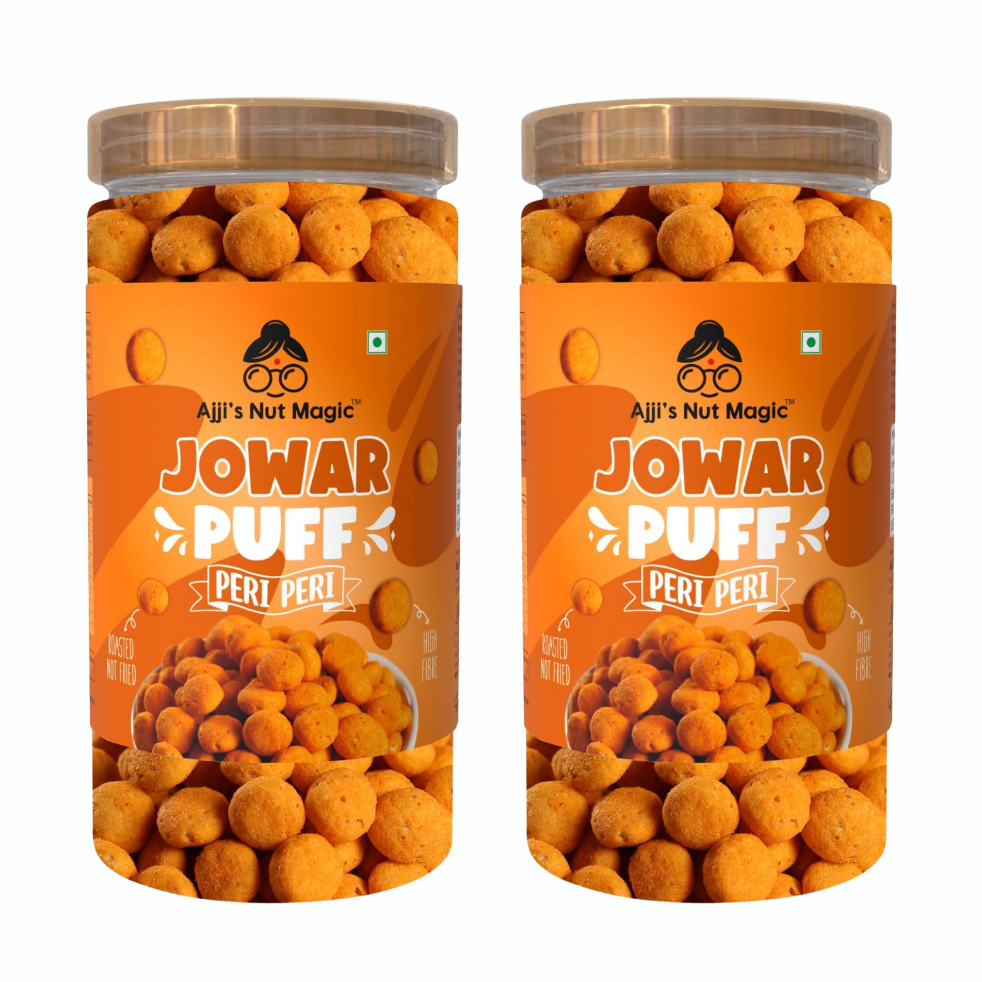 Ajji s Nut Magic Jowar Puff Peri Peri Combo (Pack of 2) 200g | Healthy Roasted Namkeen Snacks | Crunchy, Tasty & Delicious | Natural High Protein